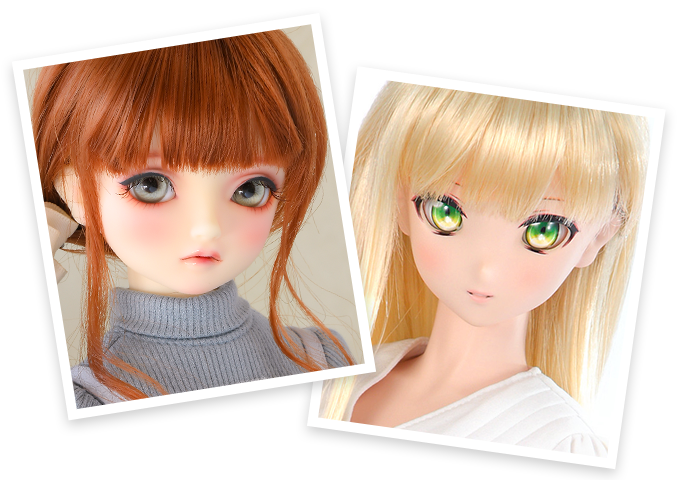 モデル着用アイ：【左】HGグラスアイ：Cadet Blue with Black line（ボークス・オリジナルカラー） ／ 【右】ドルフィーアニメティックアイズ Uタイプ わかば 22mm