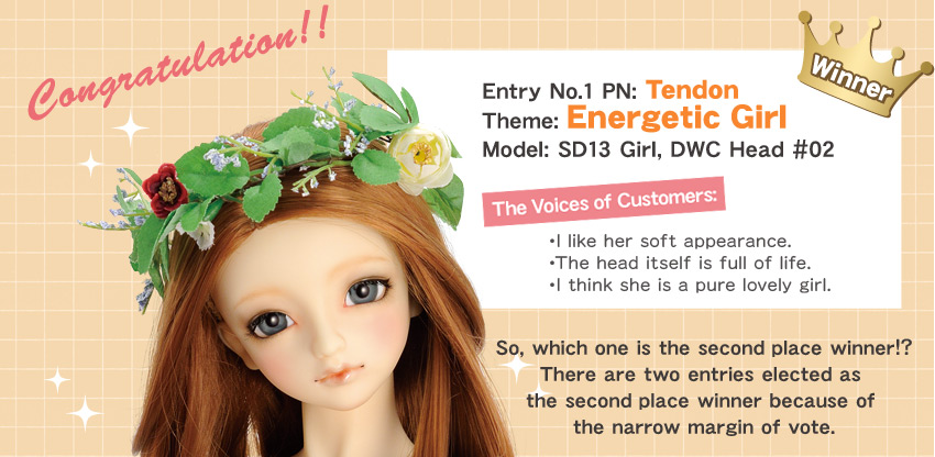 Winner：Entry No.1 Theme: Energetic Girl  PN: Tendon Model: SD13 Girl, DWC Head #02
So, which one is the second place winner!?
There are two entries elected as the second place winner because of the narrow margin of vote.